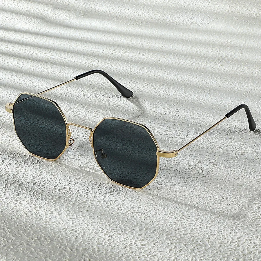 Geometric Octagon Metal Frame Sunglasses Unisex Gradient Gray Lens UV400 Retro Thin Rim Fashion Sun Glasses for Men Women