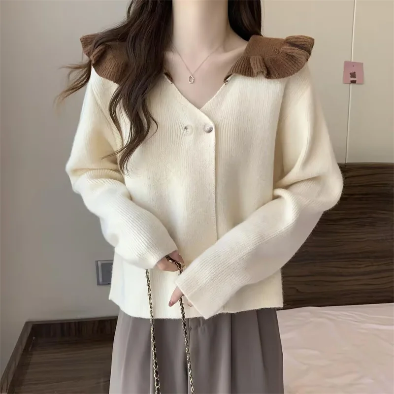 Spring Autumn Women Fashion Loose Knit Tops Advanced Female Large Size 4XL Knitted Cardigan Ladies Doll Collar Sweater