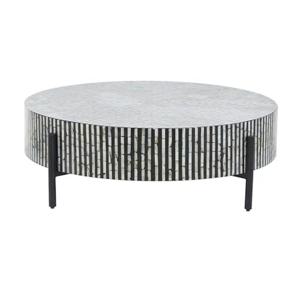 Modern Geometric Mother of Pearl Coffee Table Round Living Room Center Table Gray Black Legs