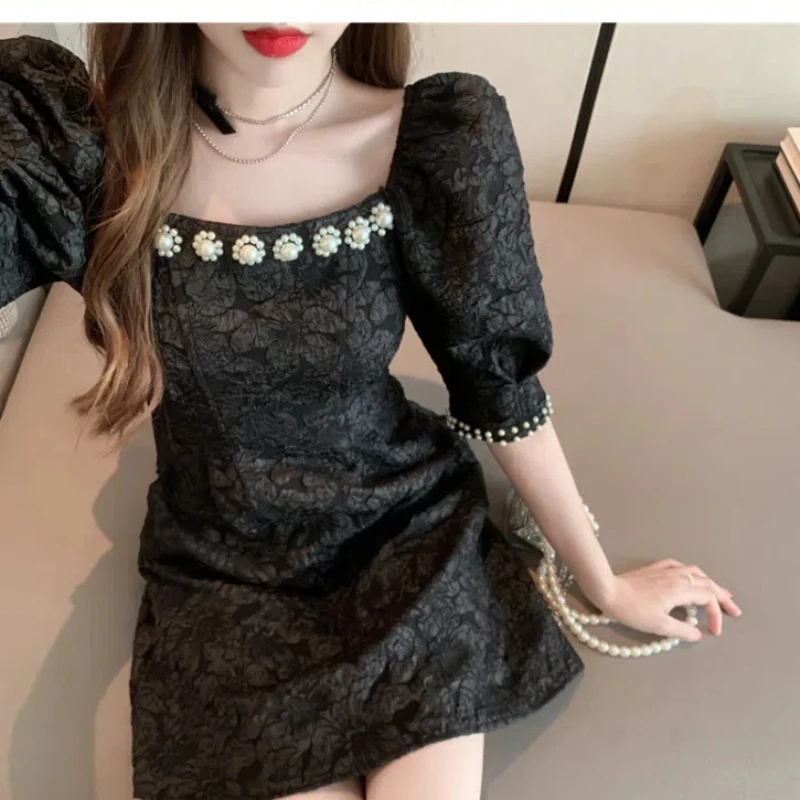 Women\'s Clothing Summer Pullover Square Collar Printing Chain Diamonds Beaded Half Sleeve Chic Mini Skirts Stylish Dresses