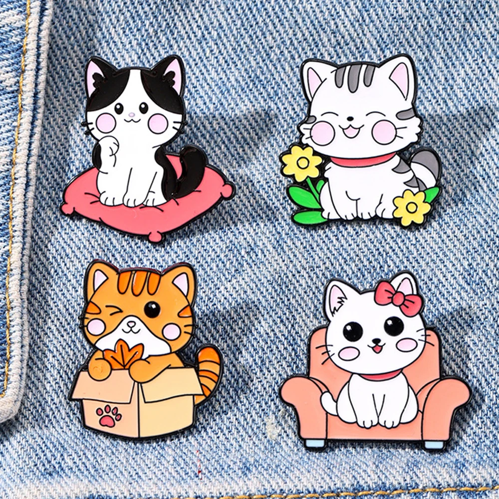 Cartoon Cute Cat Enamel Brooch Lapel Pin Sofa Flower Throw Pillow Footprints Maple Paper Box Metal Badge Jewelry Friends Gift