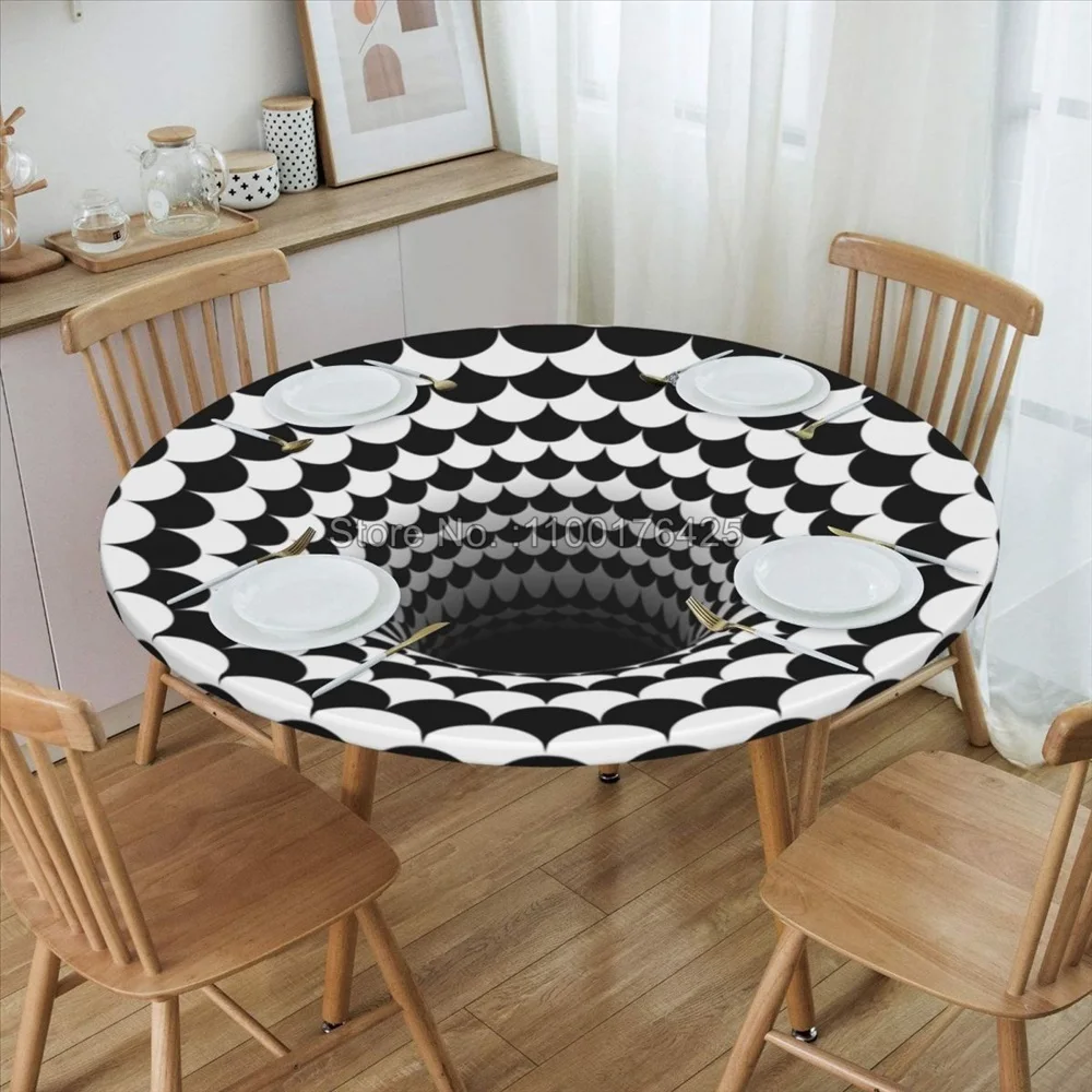 Toalha de mesa redonda impressa em 3D Vertigo, capa de mesa com bordas elásticas, à prova d'água, para festa de casamento, restaurante