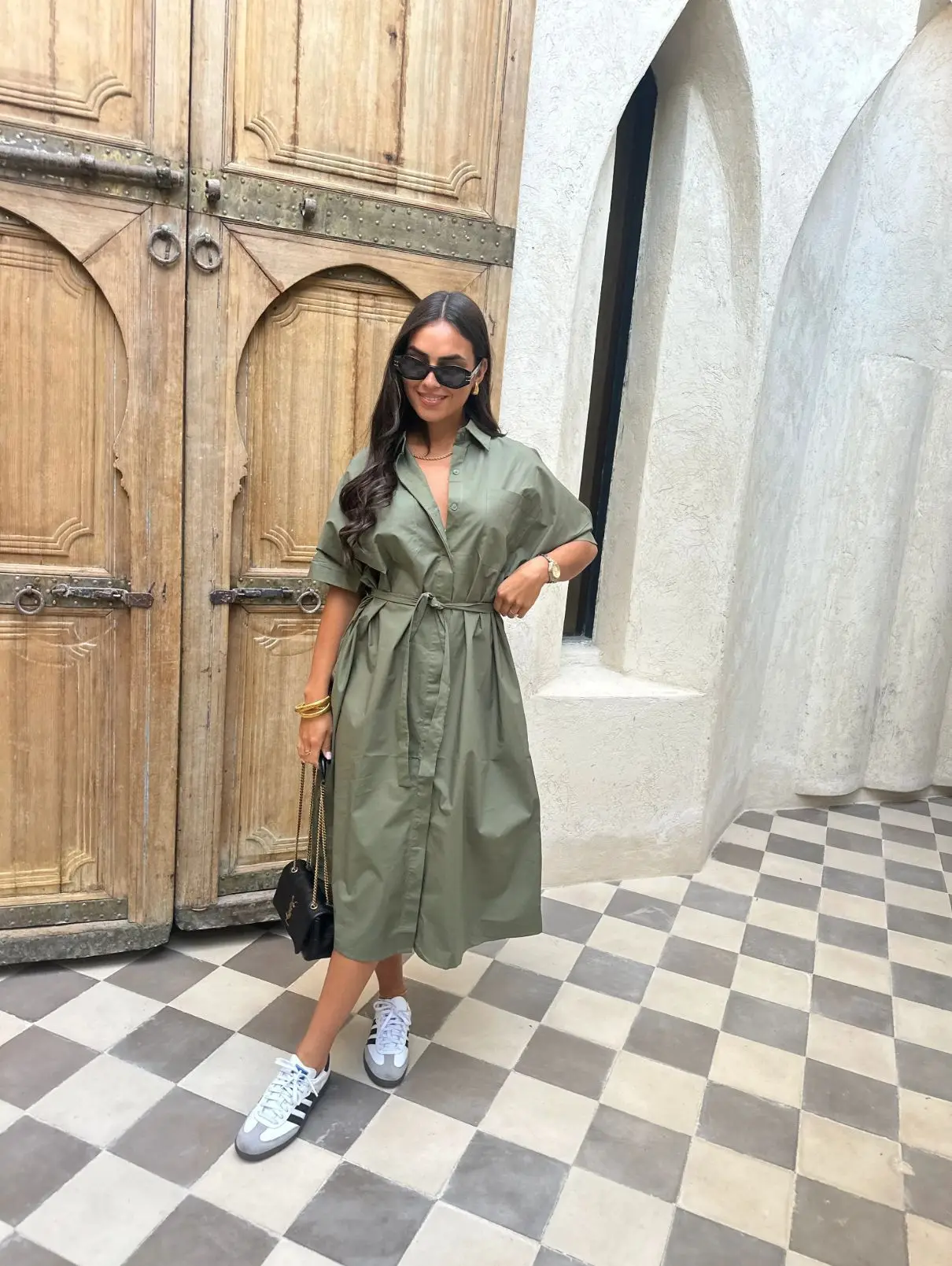 

2025 Summer Casual Women's Lace Up Dress Single-Breasted Turn-Down Collar Short Sleeve Lady Dresses Spring Loose Female Robe