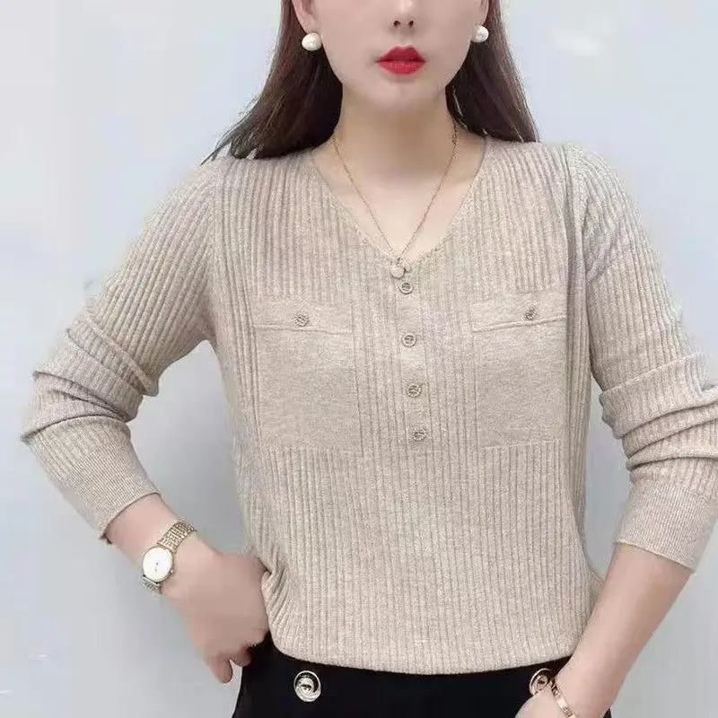 Autumn Fashion Long Sleeve Solid Color Casual Button Shirts 2022 Spring New Loose Women Clothing Commute V Neck Knitting Blouses