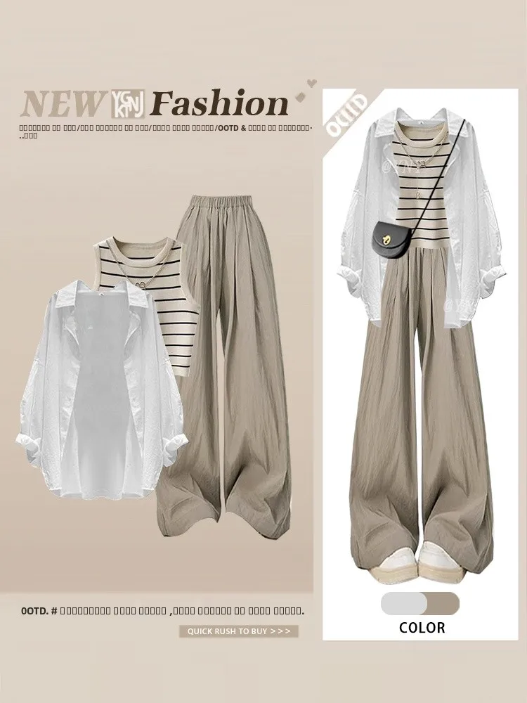 

Lazy Sle Ранняя осень Женский модный комплект Long Sve irt Полосатая майка Повседневные длинные брюки Футболка с воротником...