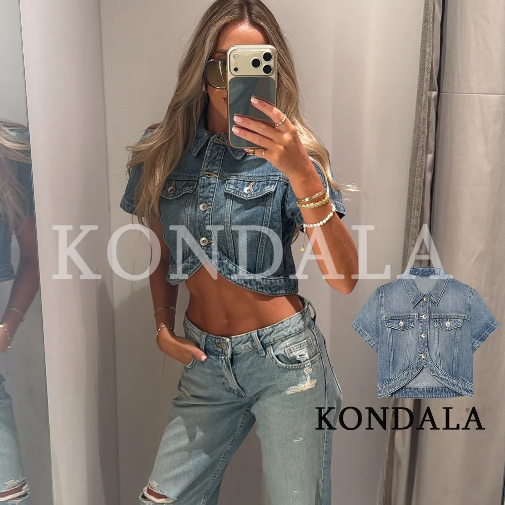 KONDALA Women Denim Short Sleeve Jacket Vintage Chic Asymmetrical Short Jacket New 2026 Summer Trendy High Street Leisure Jacket