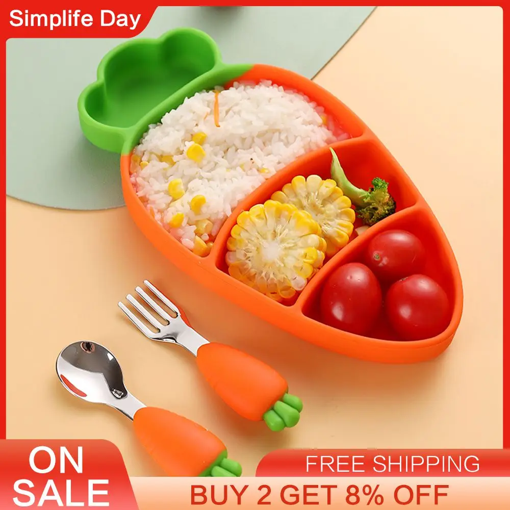 어린이 디너 플레이트 대용량, 편리한 스테인리스 스틸 스푼 포크 당근 주방 가제트, 실리콘 식기 세트