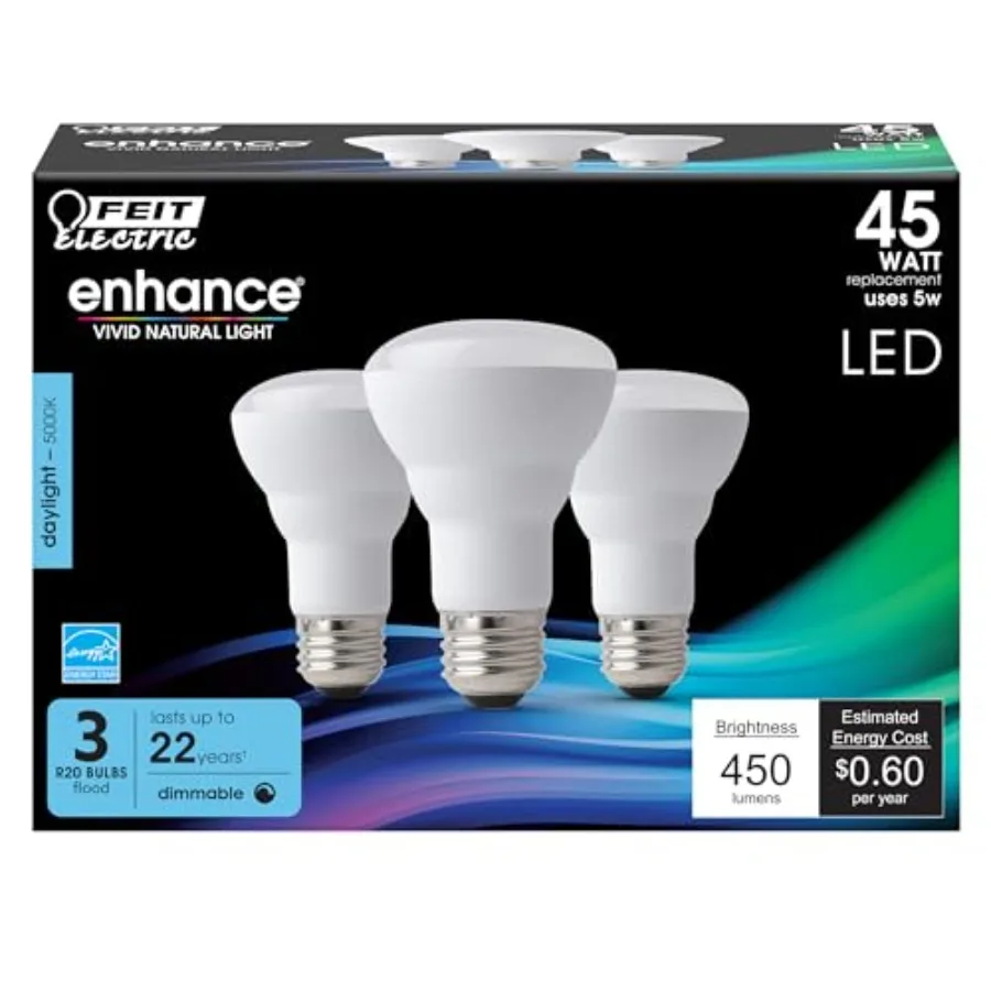 R20 LED Light Bulb, 45W Equivalent, Dimmable, 5000K Daylight, 450 Lumens, 90 CRI, E26 Base, Damp Rated, Recessed and Track Ligh