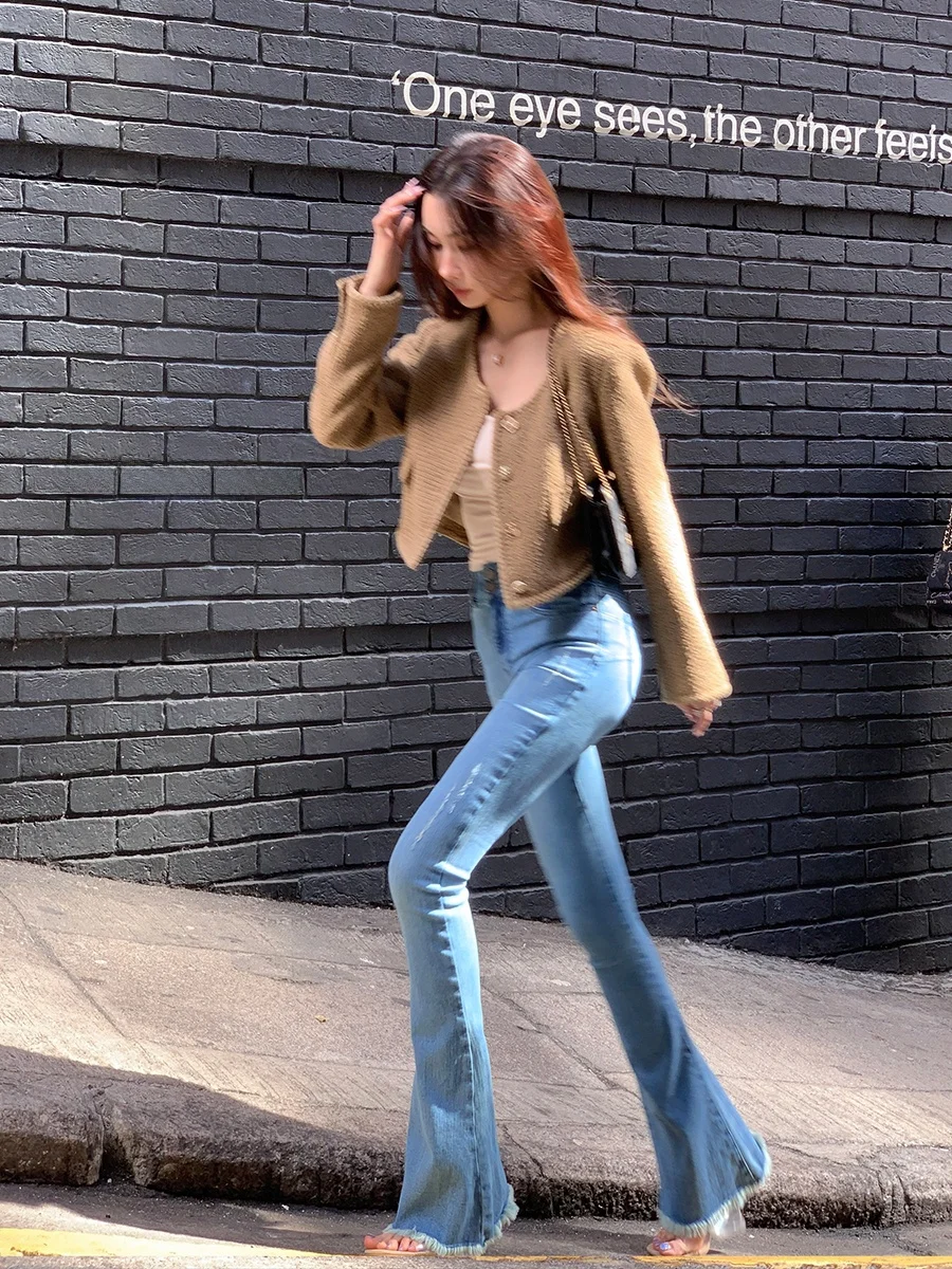 

Синие джинсы-клеш с высокой талией и эффектом утяжки живота, женские, облегающие, в пол, Achi Commuter Sle, универсальные, на все сезоны