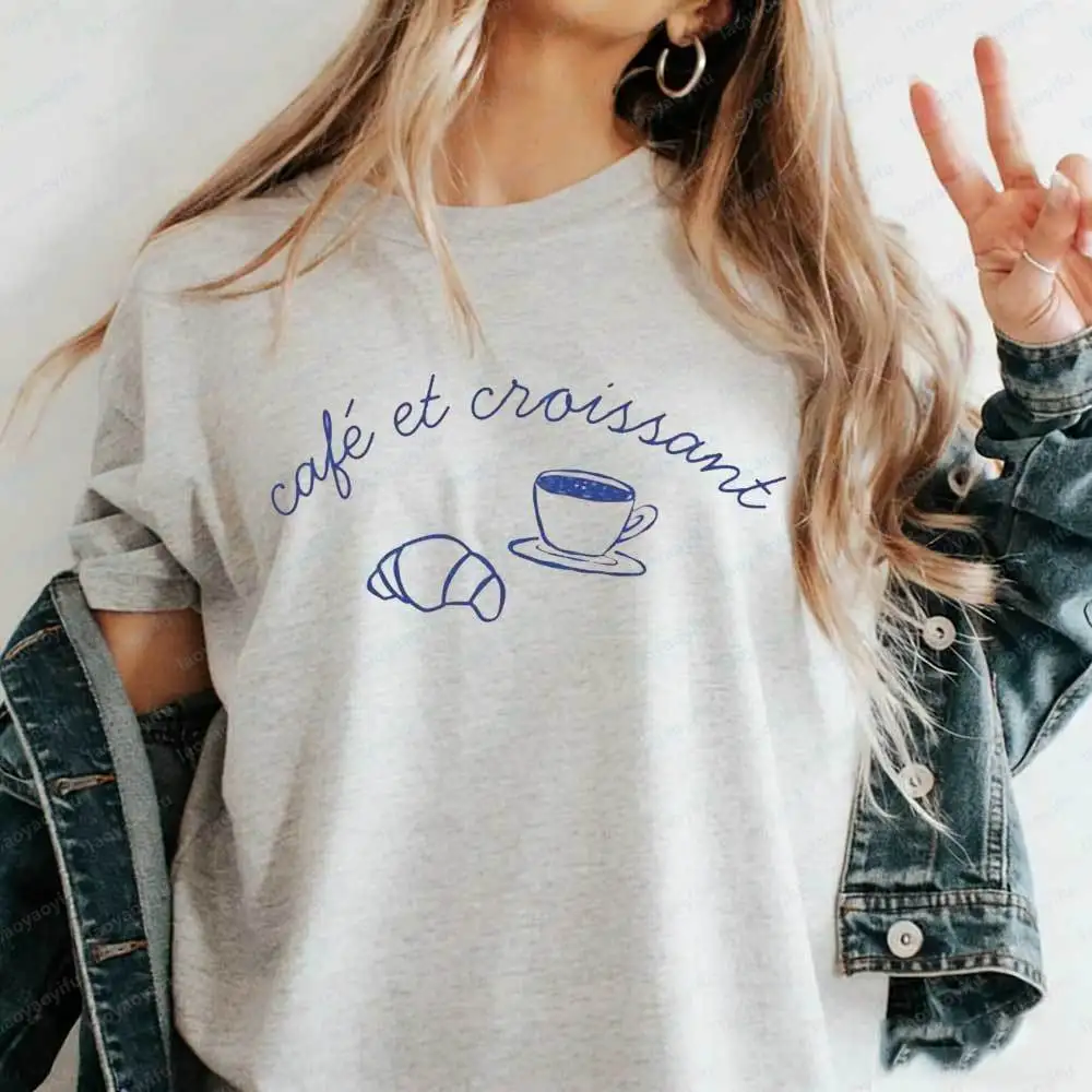 Women's Minimalist Café Et Croissant T-Shirt French Coffee Line Art Graphic Tee Casual Cotton Aesthetic Parisian Food Lover Tops
