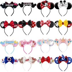 Disney-Bandeau de sauna avec oreilles de Minnie Mouse pour femme, paillettes rouges, nœud papillon, bandes de cheveux bricolage pour filles, accessoires pour cheveux Disneyland, cadeau pour enfant