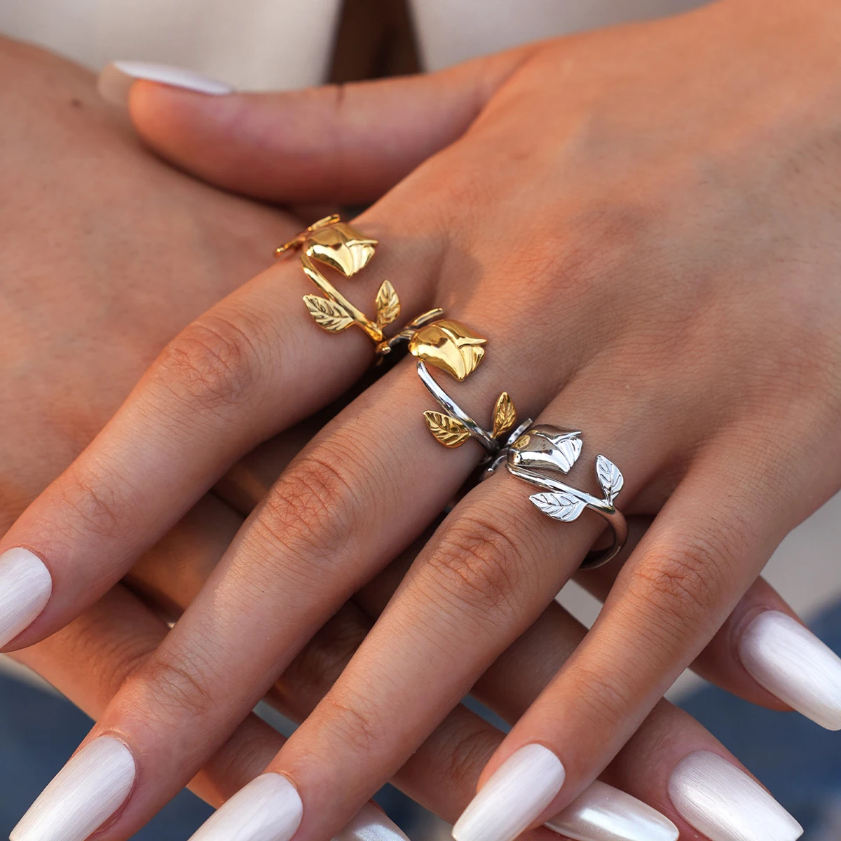 316L الفولاذ المقاوم للصدأ زهرة قابل للتعديل افتتاح خواتم الموضة مقاوم للماء المعادن تشويه مقاومة مجوهرات للنساء بيجو #3