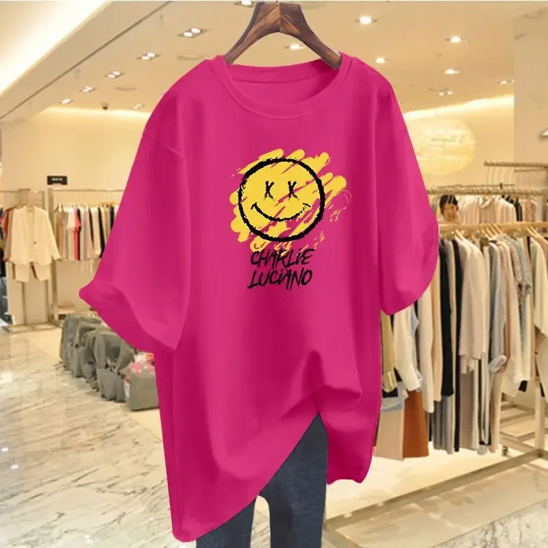 Women's Clothing O-neck Casual Loose 100 Cotton Tees Summer Trend Smiling Face Print Basic T-Shirt Tops