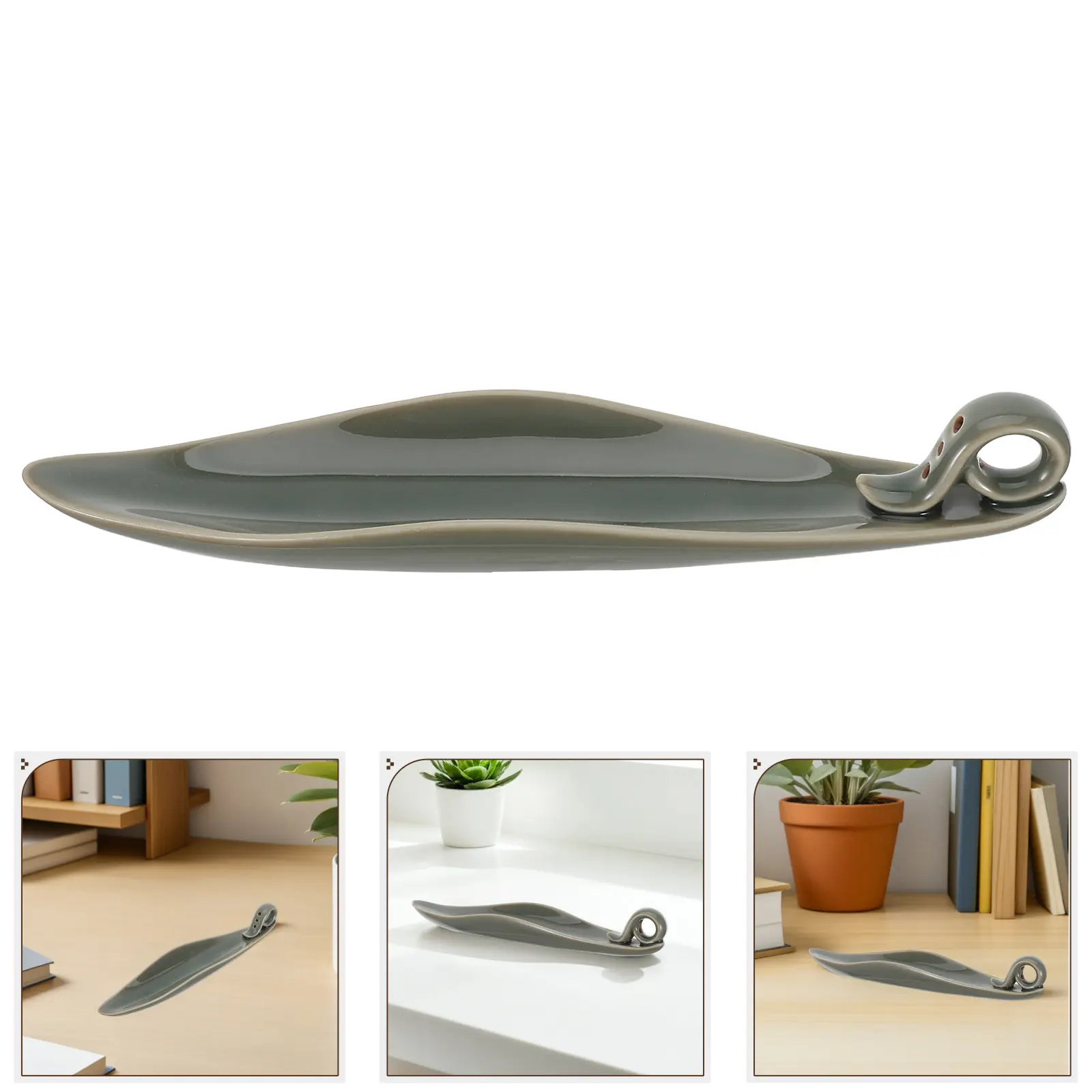 Large Ceramic Incense Stick Holder Tray 9Inch Leaf Boat Style 3 Hole Ash Catcher Non Slip Glazed Incense Burner for Bedroom