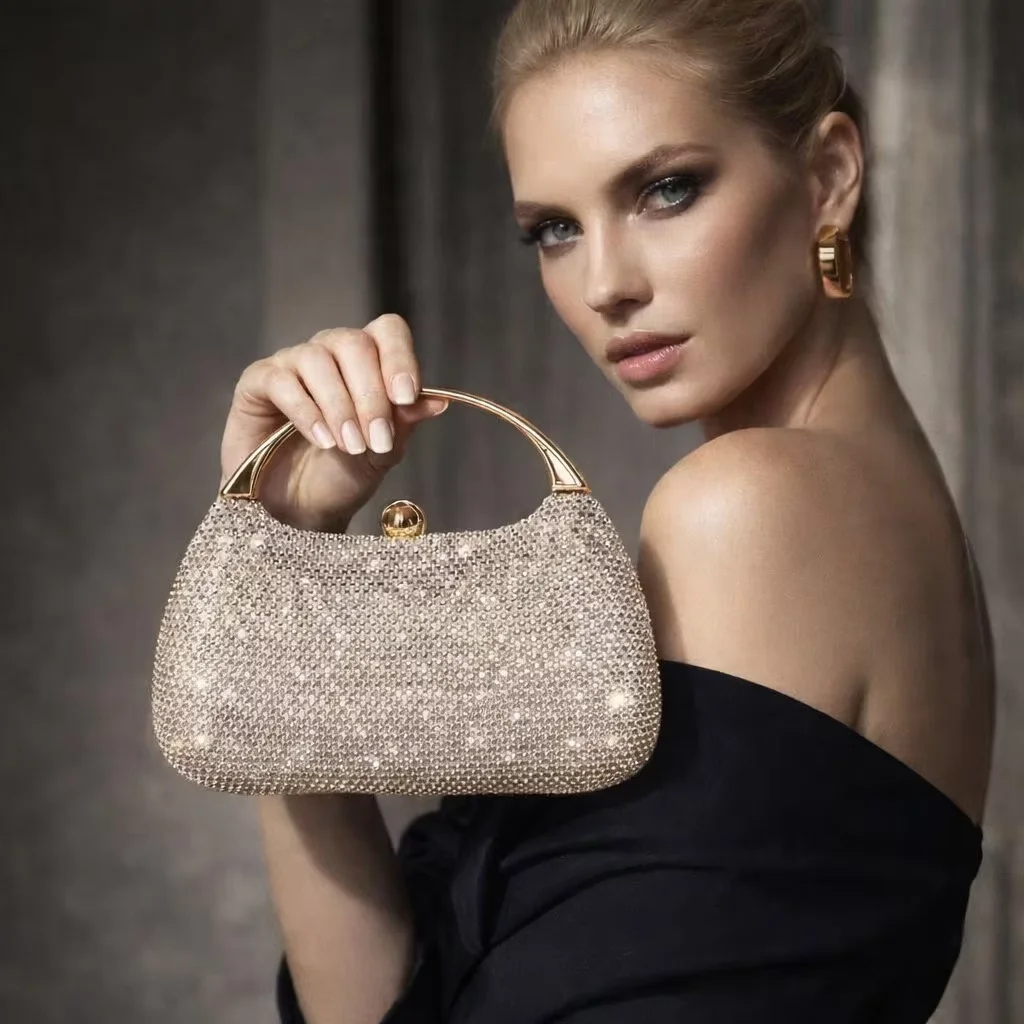 European American Cross-border New Arrival Hand-held Square Silk Cloth Bag Rhinestone Magnetic Closure Stylish Durable Fashion