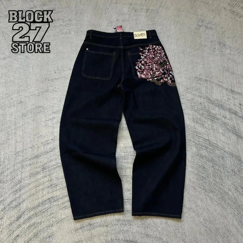 

Mens Jeans Harajuku Y2K Retro Low Waist Wide Leg Zipper Embroidered Denim Pants Loose Fit Streetwear Fashion Style Wear Winter