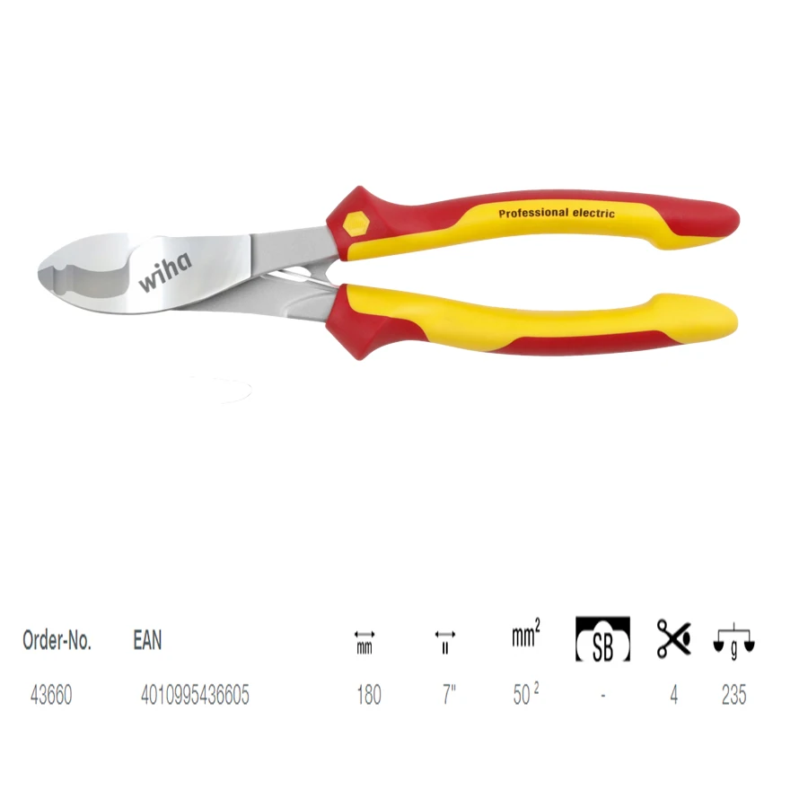 WIHA 43660 Insulated Cable Cutter 1000V VDE-Tested Cutting Edge 180mm with Switchable Opening Spring Electrical Plier