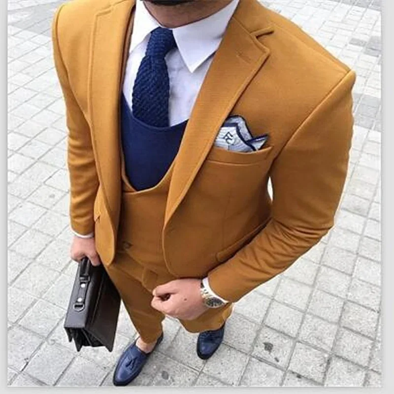 

Custom Made Men Suits Yellow Tweed Smart Casual Suits Business Wedding Street Costume Slim Fit Male Tuxedo Jacket Pant Vests