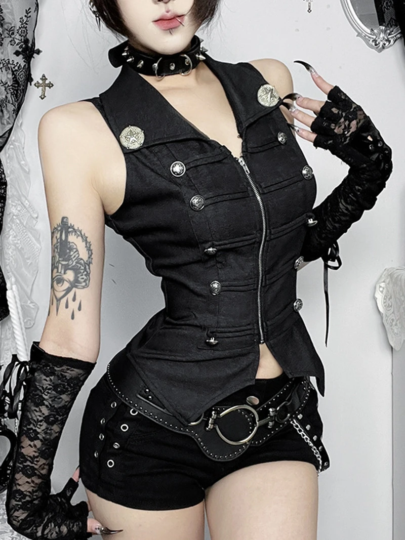 Japanese Black Gothic Street Personalized Punk Sleeveless Zip Cardigan Crop Tops Y2K Button Slim Fashion Streetwear Tank Top