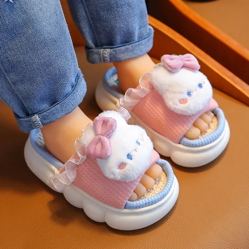 New Children's Cartoon Rabbit Linen Slippers Spring and Autumn Slides Girls' Home Indoor Non-slip Flip Flops For Four Seasons