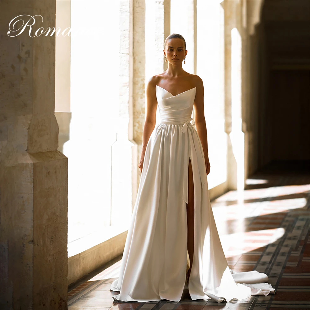 

Classic V-Neck A-Line Wedding Dress Pleat High Side Split Satin Open Back Sleeveless Bridal Gown Vestidos De Novia Customized