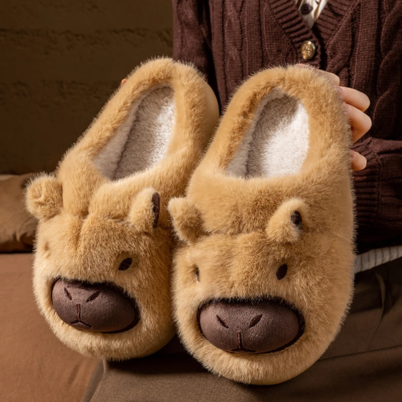 

Зимние женские тапочки с рисунком капибары, уютные теплые плюшевые домашние тапочки без шнуровки, женские шлепанцы на толстой подошве, пушистые шлепанцы из искусственного меха