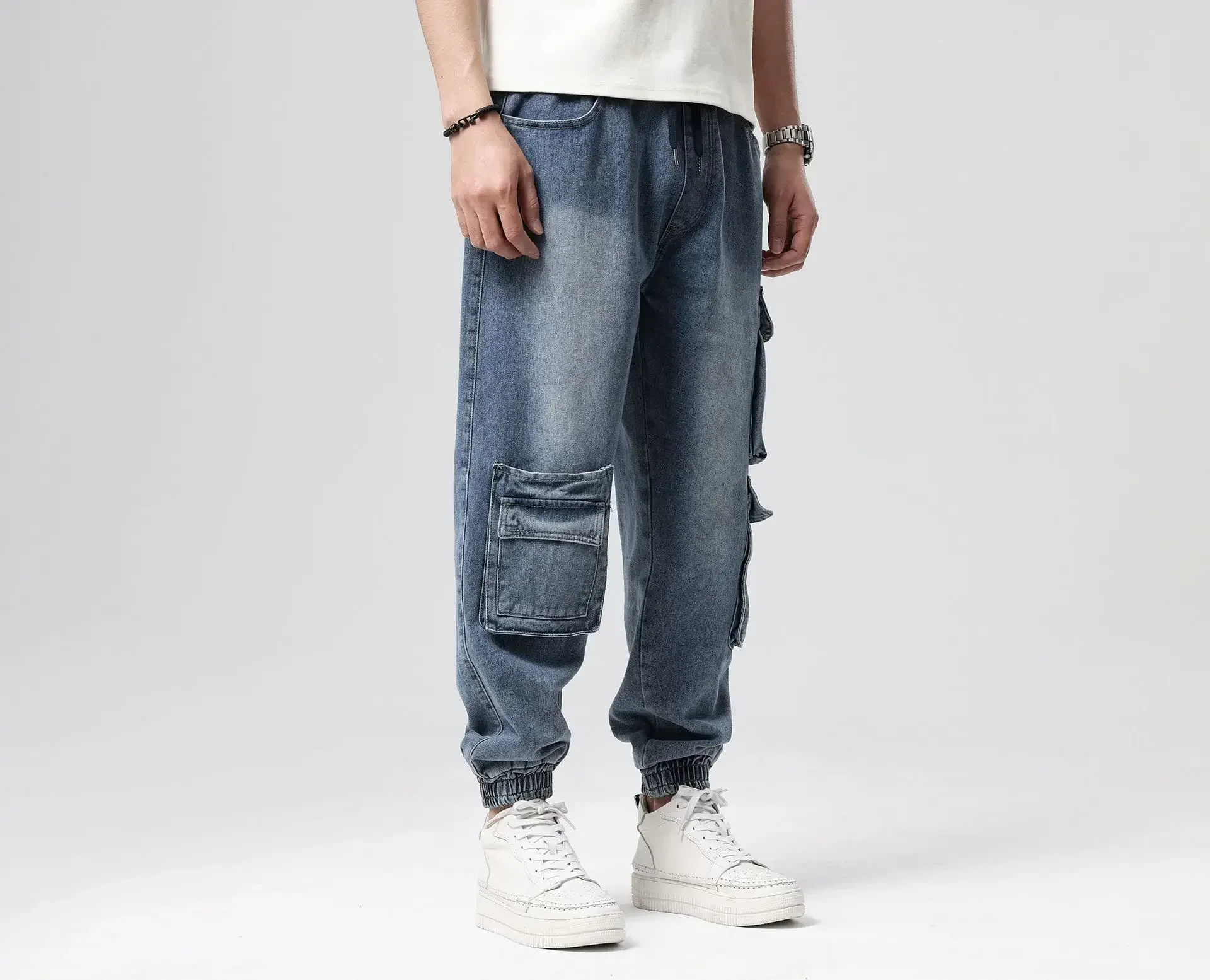

Washed Jeans Men Hip Hop Skateboard Multi Pocket Denim Pencil Pants High Waist Trousers Drawstring Loose Denims Streetwear