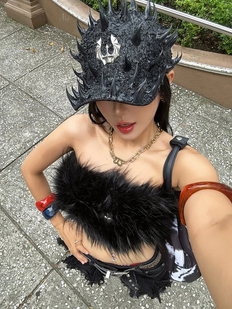 Dziwaczny Kot Dzika Piękność Futrzana Koszulka Bez Rękawów Damska Seksowna Z Frędzlami Bez Rękawów Coquette Impreza Uliczna Klubowa Styl Punk Krótki Top