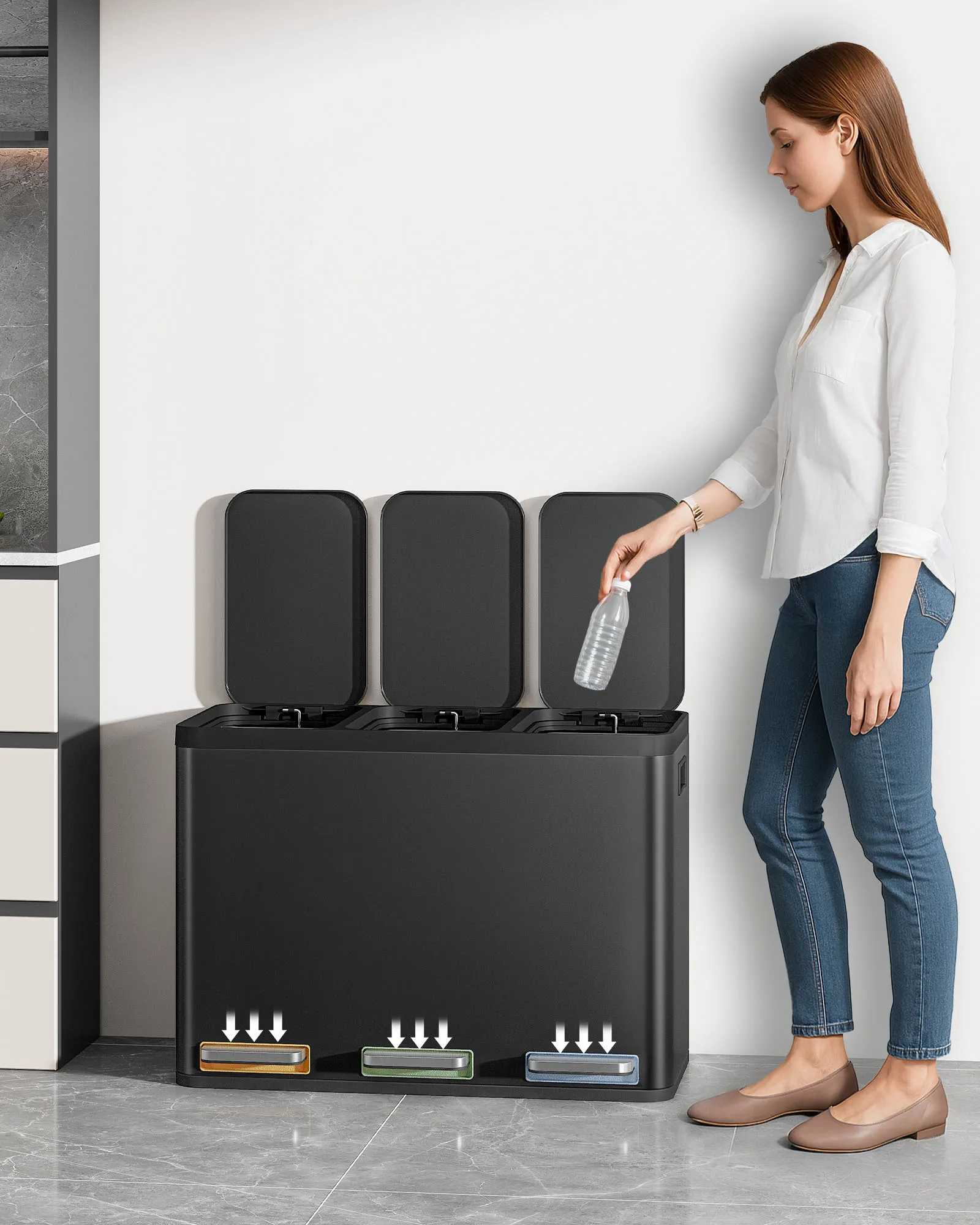 Poubelle de cuisine, système de séparation des déchets, 3 compartiments, 45 L (3 x 15 L), poubelle de cuisine en acier inoxydable, poubelle à pédale