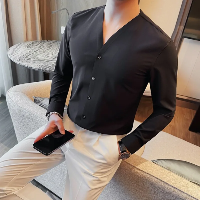 Solid Color Scarless Elastic Shirt Men Fashion V-neck Slim Casual Business Dress Shirts Social Party Tuxedo Blouse Men Clothing