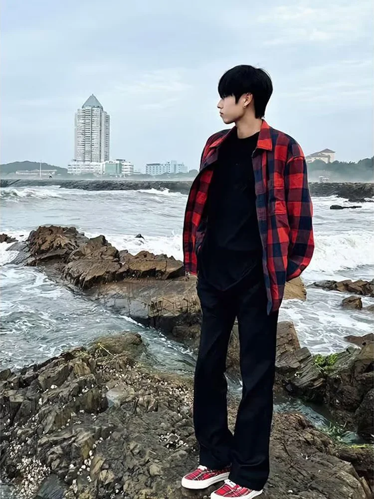 

American Sle Plaid Long Sve irt Men's Spring Trendy Couple Design Sensation Color Colion Retro Jaet Top