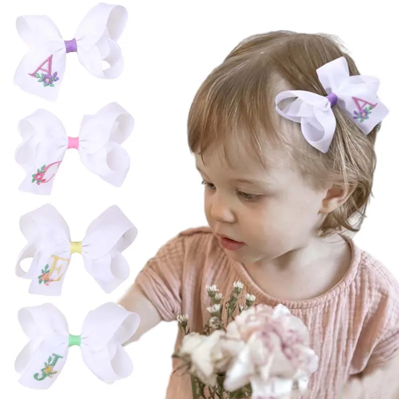 

ncmama 2Pcs ABC Letter Embroidered Bows Hairpin White Ribbon Hair Bow Clips Cute Girls Flower Barrettes Headear Hair Accessories