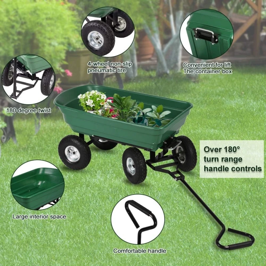 Garden Dump Cart, Heavy Duty Utility, Outdoor Lawn, Yard, Wagon Carrier with Sturdy Steel Frame, Wheelbarrow, 200kg Capacity