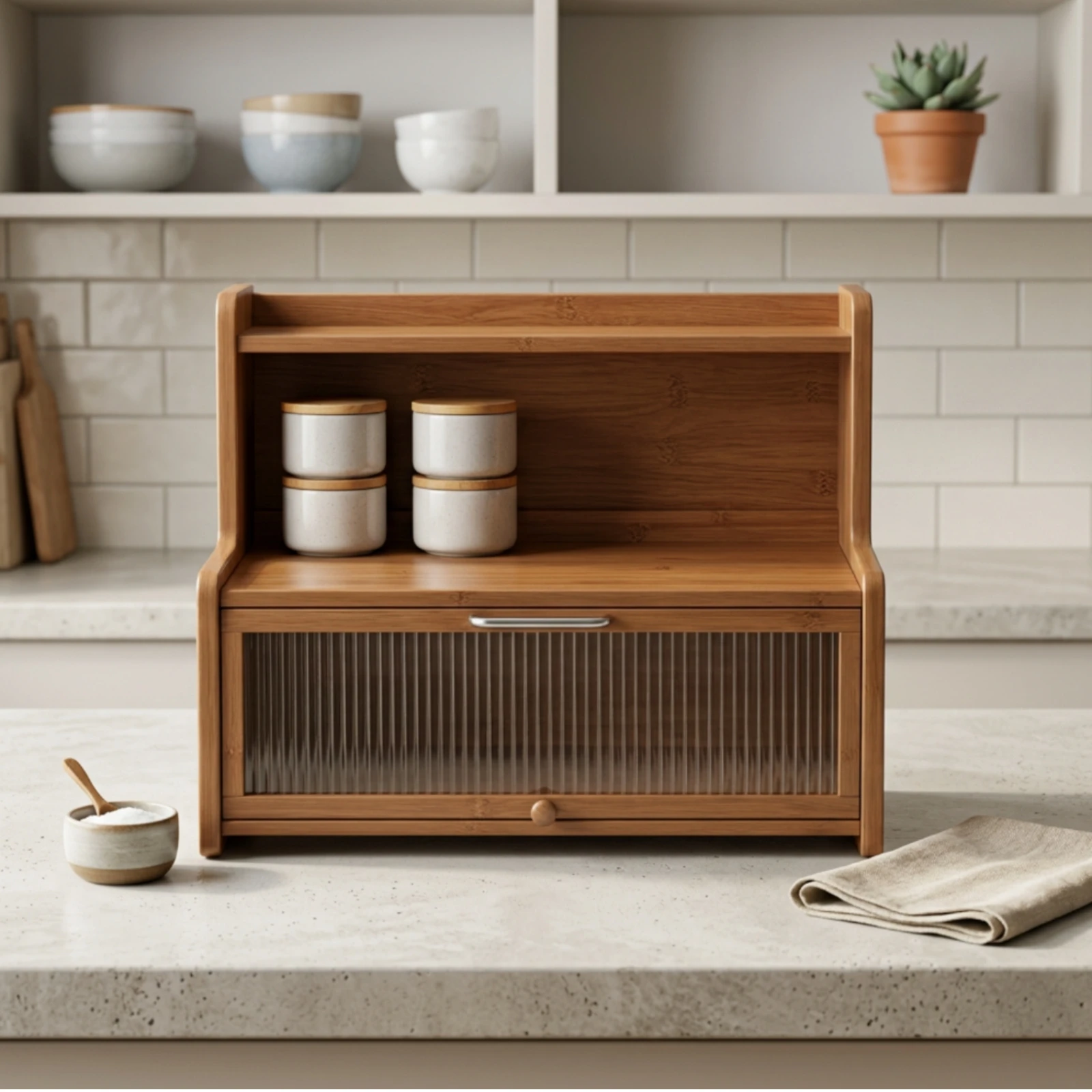 Countertop Cabinet with Flip-up Door Wood-Grain 3-Tier Organizer with Rattan Door Countertop Rack with Cabinet Space-Saving