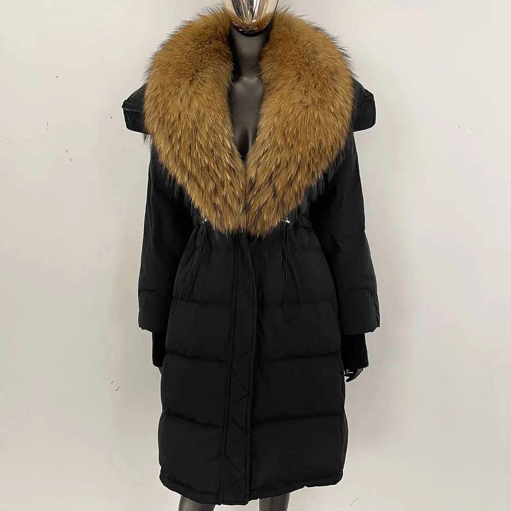 Femmes automne hiver fourrure de raton laveur naturelle vraie fourrure de renard doudoune doudoune longue manteau chaud femme blanc canard doudoune