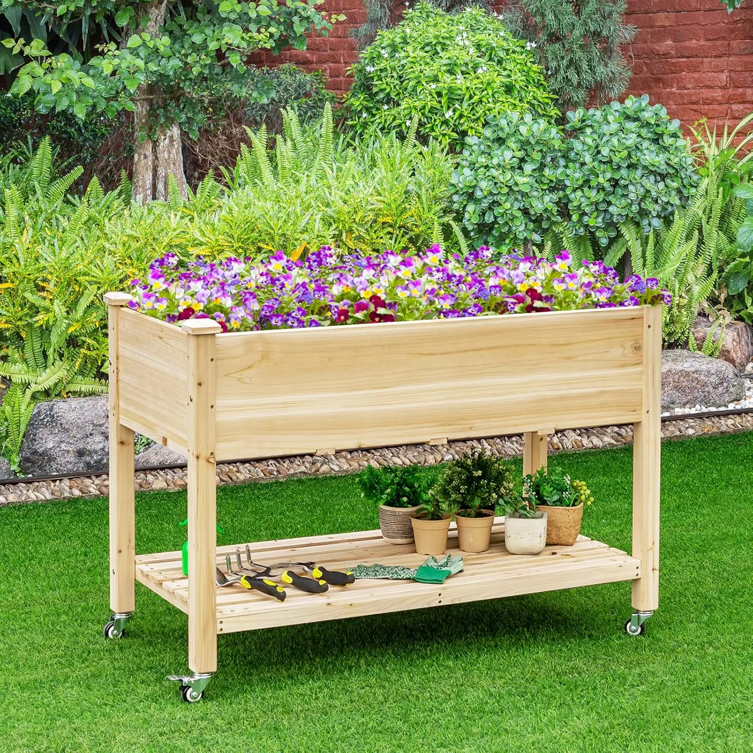 木製の車輪付き高床式菜園(裏庭やパティオ用)、ブラウン、ライ - Raised Garden Bed のレビューと価格