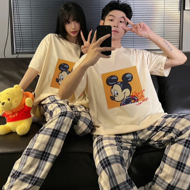 Cartoon Disney couple pajamas autumn new round neck long-sleeved trousers casual two-piece set women\'s pajamas loungewear set