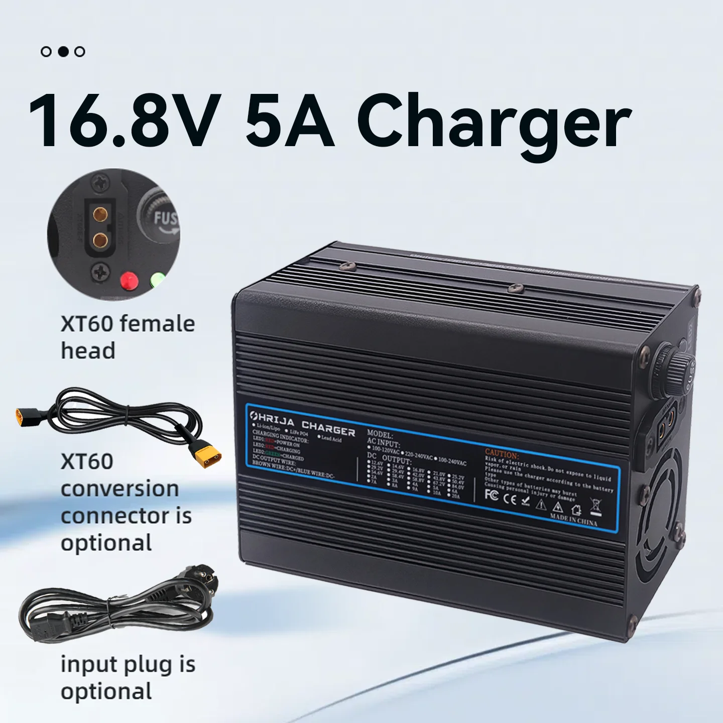 

16,8 В, 5 А, литиевое зарядное устройство, быстрый алюминиевый корпус, подходит для 4S, 14,8 В и сменный разъем, быстрая стабилизация с охлаждающим вентилятором