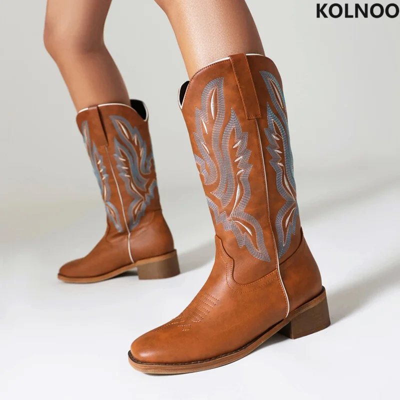 

Kolnoo New Arrival Retro Style Ladies Block Heel Boots Emboirdery Square-toe Large Size 35-47 Vintage Cowgirls Fashion Hot Shoes