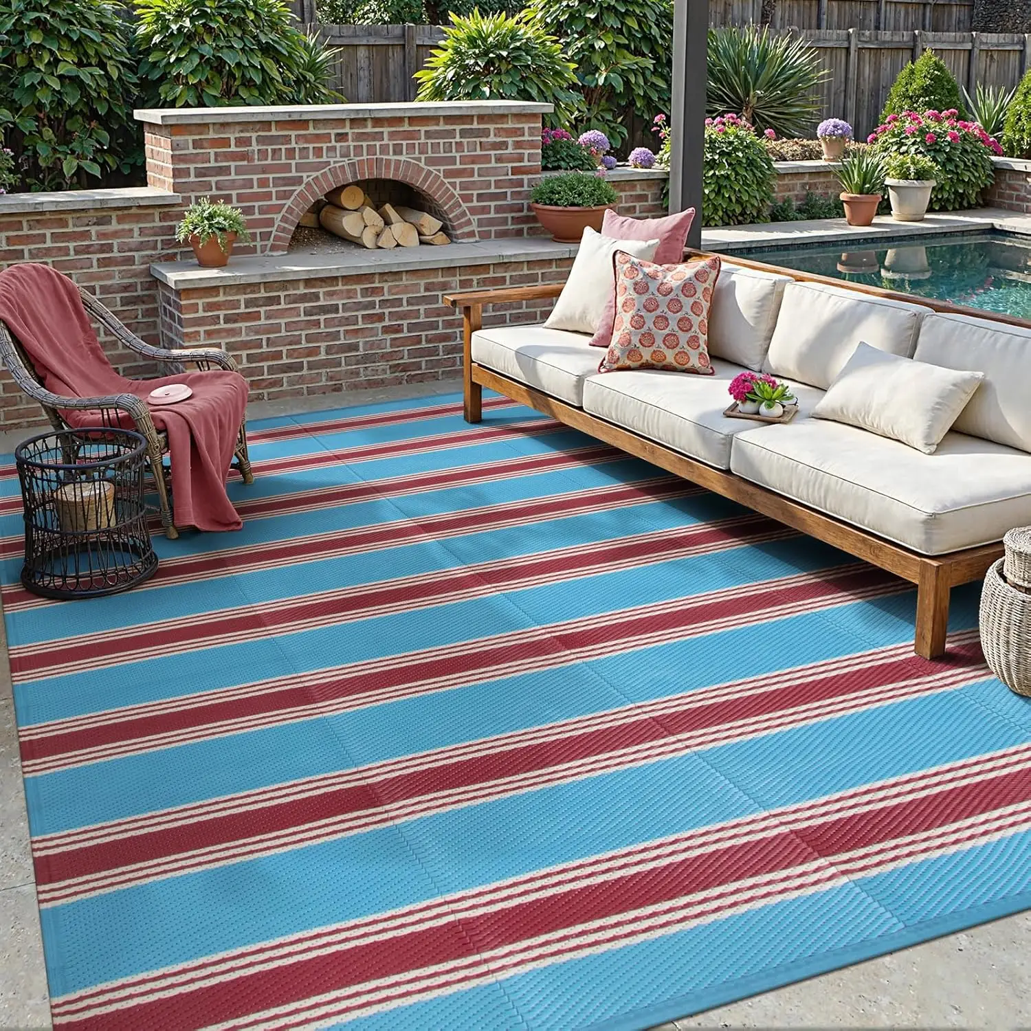 

Striped Outdoor Rug 8x10 Patio Waterproof, Reversible Outdoor Plastic Straw Rug for Camping, RV Patio Rugs Outside Large Carp