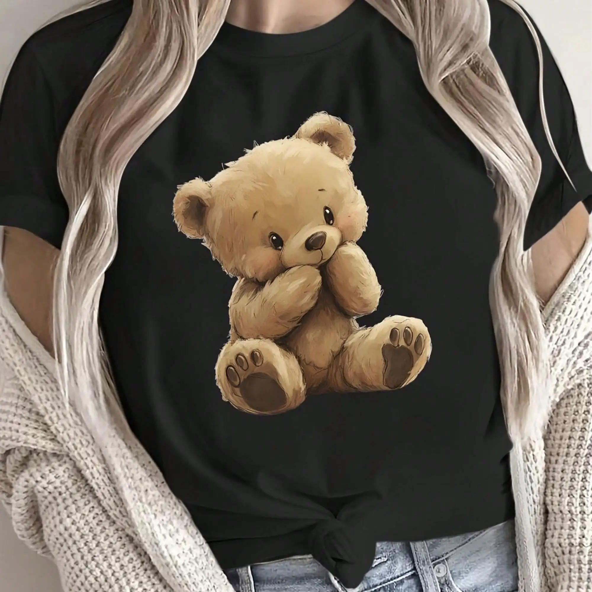 Cute Light Brown Teddy Bear Graphic Black T-Shirt - Stylish Casual Top With Tied Hem, Perfect For Casual Attire, Features Adorable Shy Teddy Bear Design, Ideal For Animal Lovers, Great Addition To Your Wardrobe For Any Season!
