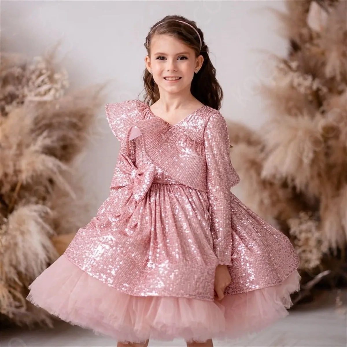 Vestido de baile de lentejuelas de oro rosa encantador, vestidos de niña de flores para boda, mangas completas, princesa hasta la rodilla, vestidos de primera comunión