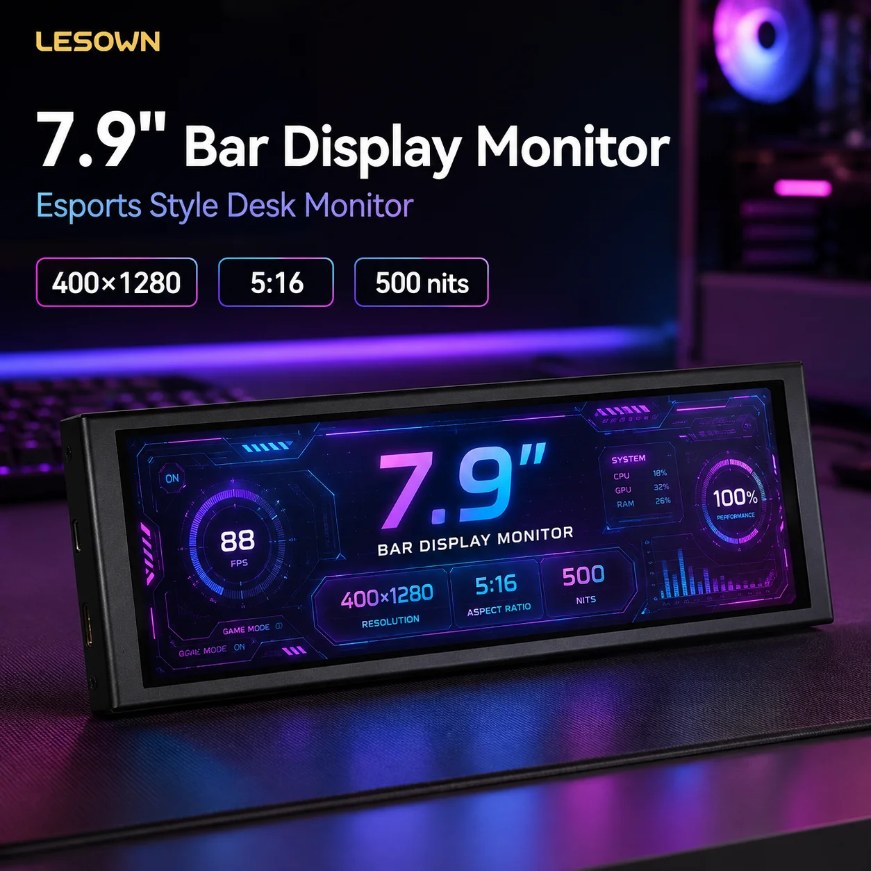 LESOWN 400x1280 Blake White Secondary Screen Plug n Play 7.9" CPU RAM Monitor miniHDTV 60Hz