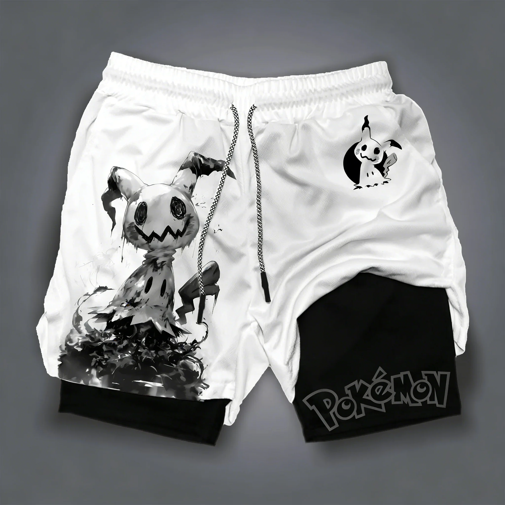 Pokémon Pikachu Gengar Printed Double Layer Shorts for Men's Fitness Exercise Loose Running Pants