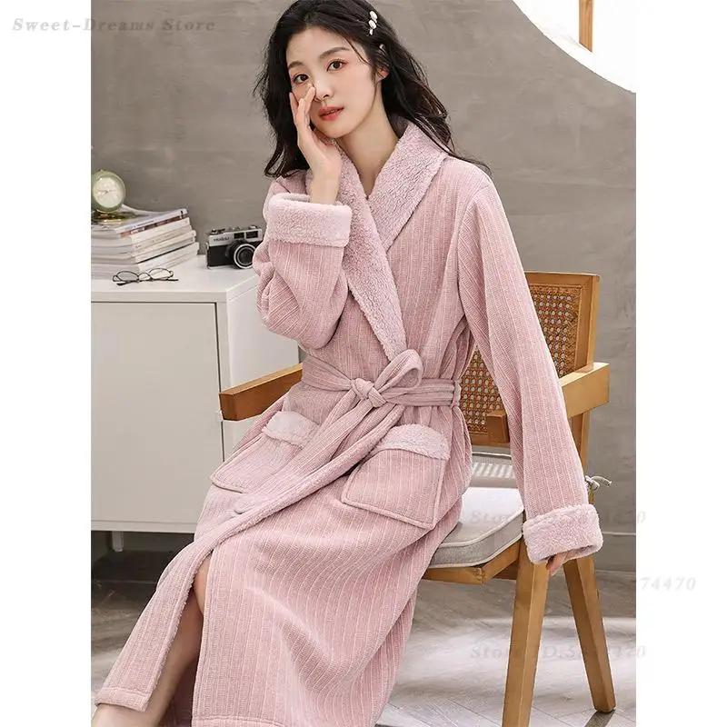 

New Coral Fleece Thick Sleeping Robe Winter High Quality Nightgown Flannel Bathrobe Kimono Gown for Women Warm Soft Sleepwear
