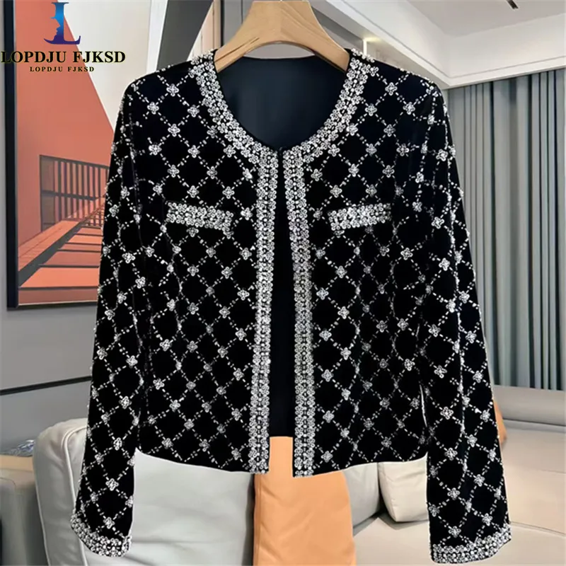 Luxury Sequin Nail Bead Grid Diamond Flower Short Jacket Long Sleeved Autumn Winter Fashion Women's Elegant Party Coat