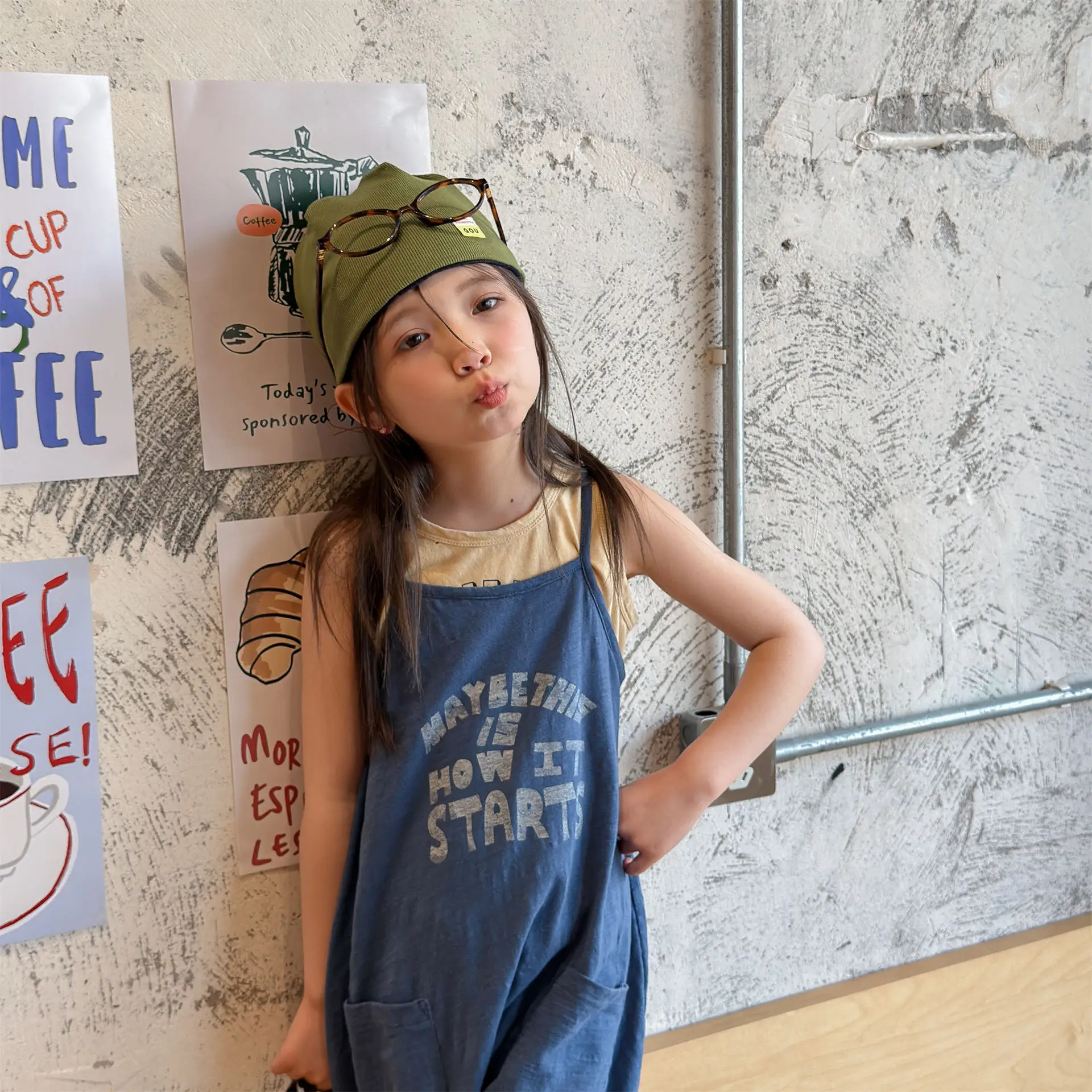 2026 Summer New Children Loose Overalls Cotton Girls Letter Print Sling Jumpsuit Kids Fashion Casual Pants Toddler Clothes