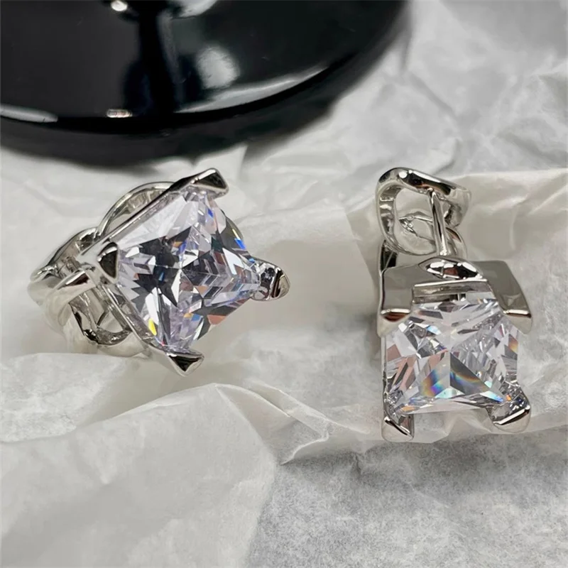 INS Silver Color Square Zircon Ear Buckle FOR WOMEN High Grade Heavy Industry Simple All-Match Fashion Charm Jewelry Earrings