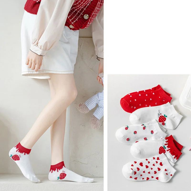 

5 Pairs Womens Socks Spring Summer Harajuku Heart Fruit Strawberry Cute Female Soft Cotton Girls Short Ankle Socks Meias Hosiery