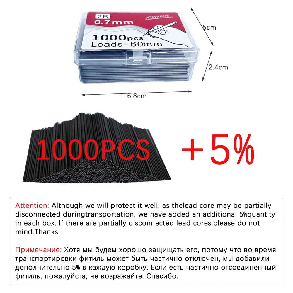 1000 szt. Ołówek automatyczny 0.5 ołowiu 0.7 0.9mm 2B 60mm rysunek artystyczny ołówek automatyczny wymienne wkłady z 2 rurkami